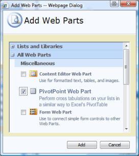 Add web parts popup